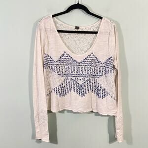 We The Free Women's White Lace Blue Floral Long Sleeve Blouse Size L